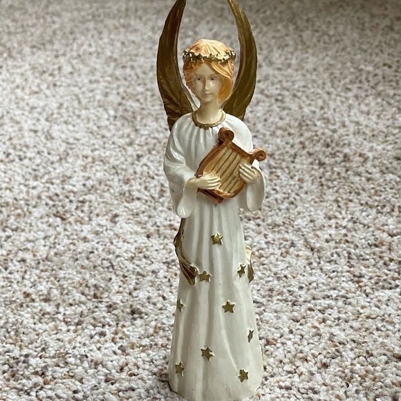 Porcelain  white Angel With golden wings and  Harp - Picture 2 of 7